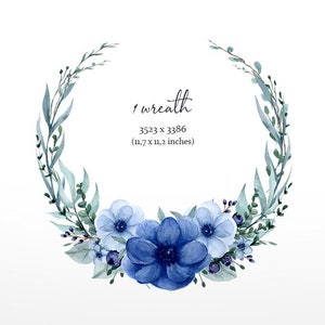 May include: A watercolor wreath with blue and green foliage and blue flowers. The wreath is 11.7 x 11.2 inches.