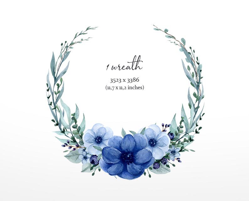 May include: A watercolor wreath with blue and green foliage and blue flowers. The wreath is 11.7 x 11.2 inches.