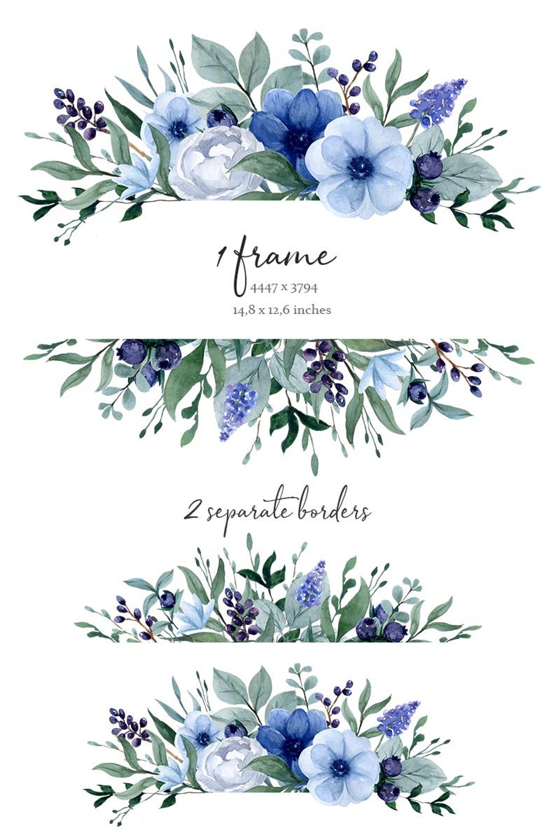 Blue Floral Flower Frame Clipart Wildflower Border Png - Etsy
