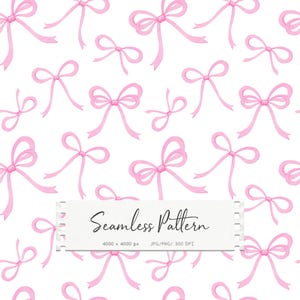 May include: A seamless pattern featuring watercolor pink bows on a white background. The bows vary in size and orientation, creating a delicate and feminine design. The image includes the text "Seamless Pattern".