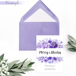 May include: Purple floral wedding invitation with the text "Merry & Nicolas" and details for the wedding ceremony. The invitation is on a white background with a purple envelope.