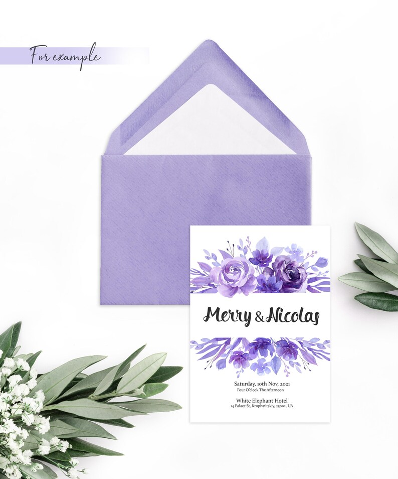 May include: Purple floral wedding invitation with the text "Merry & Nicolas" and details for the wedding ceremony. The invitation is on a white background with a purple envelope.