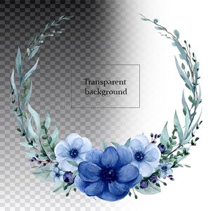 May include: Watercolor wreath with blue and white flowers and green leaves. The wreath is on a transparent background.