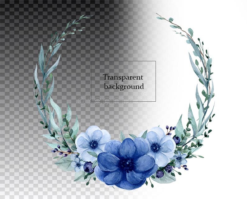 May include: Watercolor wreath with blue and white flowers and green leaves. The wreath is on a transparent background.