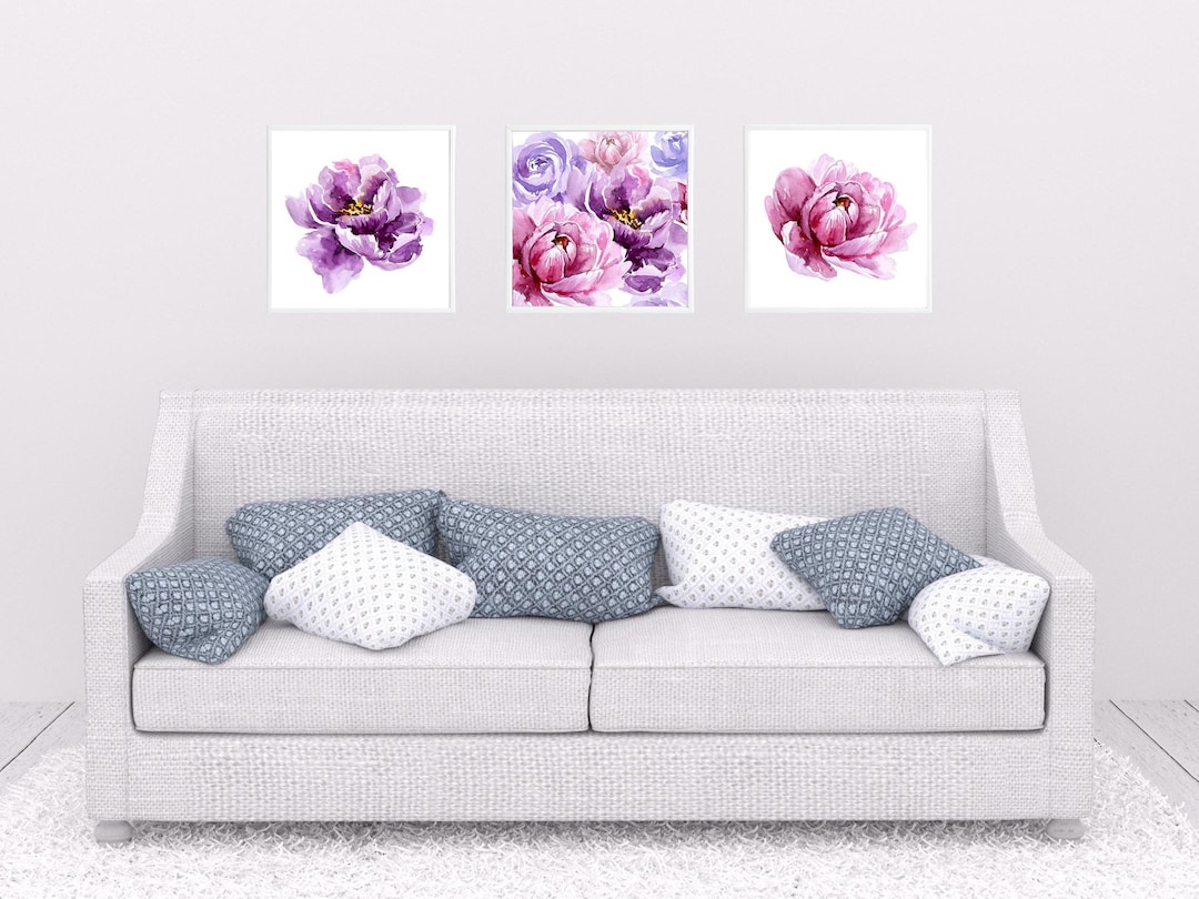 Set of 3 Prints, Purple Watercolor Peony, Printable Flower Art Print ...