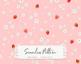 Strawberry Seamless Pattern, Pink Coquette Floral Print, Cottagecore Berry Flower Textile Print for Fabric, Digital paper, Nursery Decor