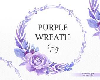 May include: Purple watercolor wreath with a single rose and leaves. The wreath is a circle with a white background. The text "PURPLE WREATH 1 png" is written in black text in the center of the wreath.