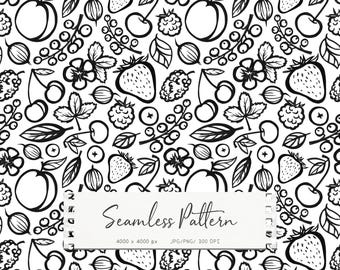 Papel digital con estampado de frutas sin costuras, frutas estilo doodle en blanco y negro, papel para álbumes de recortes, fondo imprimible para agendas, diseño minimalista.