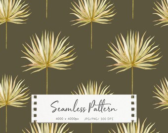 Patrón sin costuras de hojas de palmera en acuarela, diseño botánico tropical sobre fondo neutro oscuro para tela, papel tapiz y decoración (descarga digital)
