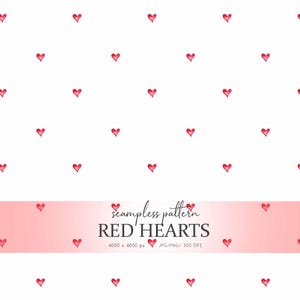 Puede incluir: Un patrón sin costuras con pequeños corazones rojos dibujados a mano sobre un fondo blanco. El diseño incluye el texto "RED HEARTS" y detalles técnicos. Adecuado para diversas aplicaciones, con una estética encantadora.