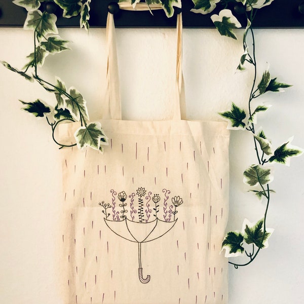 Jute bag cotton "umbrella full of flowers", fabric bag, tote bag, minimalist