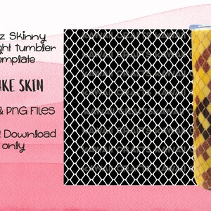 May include: A 20oz skinny straight tumbler template featuring a snake skin design. The template is available as SVG and PNG files for digital download only. The tumbler is yellow with brown and black diamond shapes.