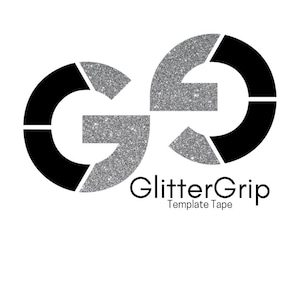 May include: A black and silver logo with the text "GlitterGrip Template Tape". The logo features two interlocking "G"s, one black and one silver.