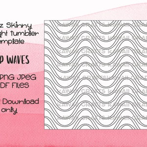 May include: A digital download template for a 20oz skinny straight tumbler featuring a black and white wavy pattern. The template includes SVG, PNG, JPEG, and PDF files. The text "MOP WAVES" is displayed on the template.