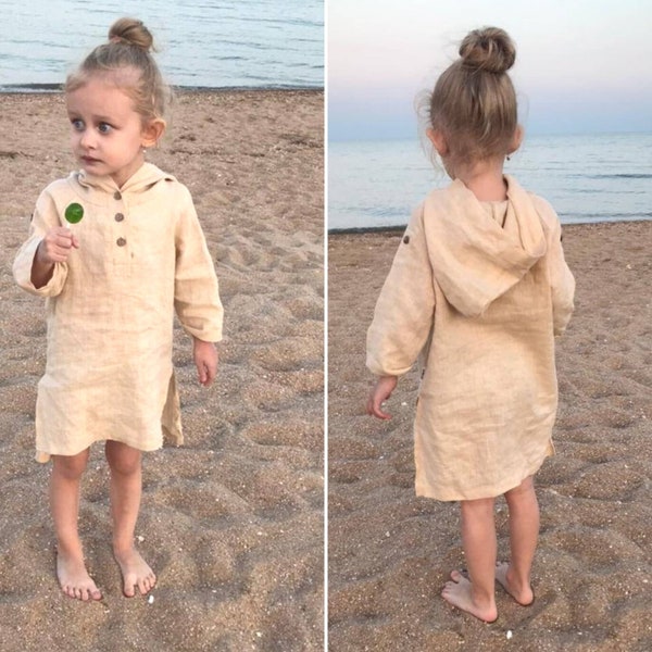Toddler linen hooded beach tunic ~ Children's beach kaftan ~ Summer beach robe ~ Boho style cover up ~ Resort wear for baby girls and boys