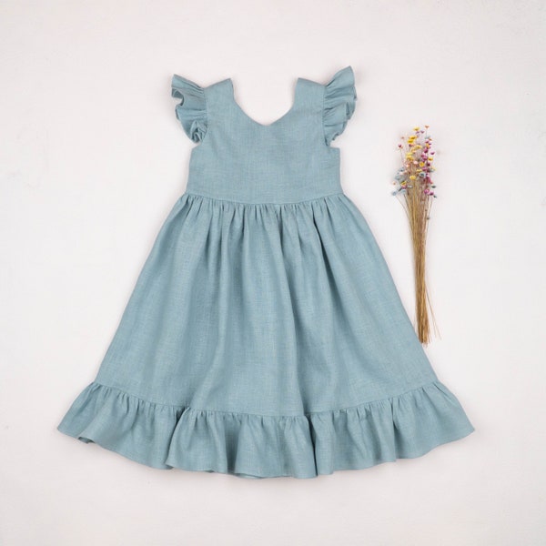 Bow dress for girl, Teal linen dress for baby or toddler girl,  Sundress for girls, Flower girl dress, party dress for toddler girl