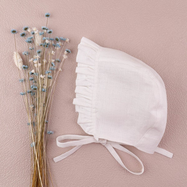 White Linen Ruffle Brimmed Bonnet, Baby summer beach hat, Baptism bonnet, Ready to ship
