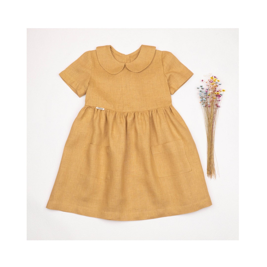 Mädchen Sommerkleid Mit Rüschenärmeln - Baumwollleinen 4 Jahre