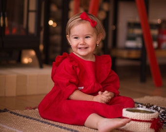 Robe bébé en lin, Robe de Noël bébé, Robe à volants pour tout-petits, Vêtements de bébé durable, Robe bébé boho, Robe rouge bébé, Vêtements durables