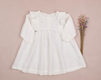 White linen dress for baby or toddler girl with long sleeve for special occasion, everyday wear, sustainable clothes for children