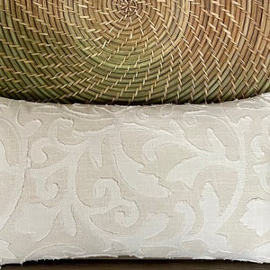 Elegant Tone on Tone Linen Leaf Motif in Natural and Off White Pillow Cover, Lumbar Accent Pillow 12&quot; x 20&quot;