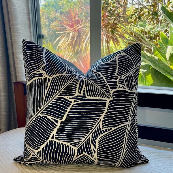 Tropical Banana Leaf Print Pillow in Black and Off White/20" x 20" Handmade Home Decor