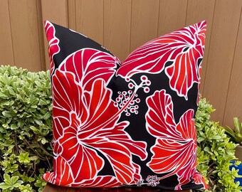 Red Hibiscus Tropical Print Pillow Cover: Black Background, 20" x 20"