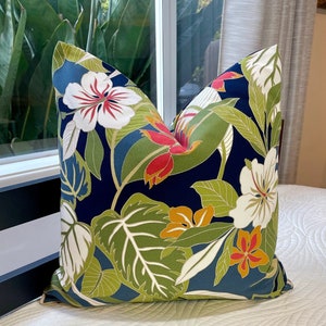 Tropical Floral and Palm Leaf Pillow Cover/ 20" x 20"/Hawaiian Barkcloth/Handmade Home Deor