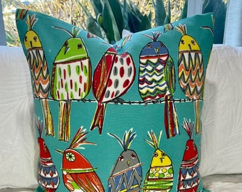 Colorful Birds Accent Pillow Cover: 20" x 20" Indoor Outdoor Canvas