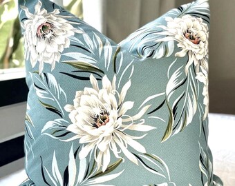 Aqua Floral Pillow Cover: Hawaiian Cotton Barkcloth Accent Pillow (20x20)