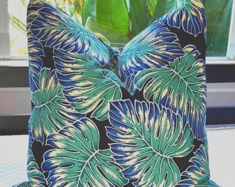 Monstera Leaf Accent Pillow/20" X 20"/Aqua, Navy and White Barkcloth Fabric