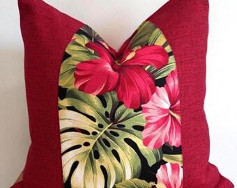 Red Barkcloth Pillow Cover, Tropical Floral Insert, 20x20 Inch Accent Pillow
