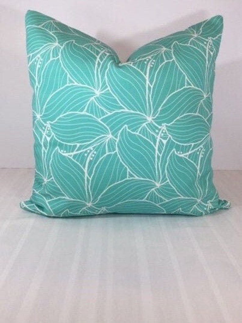 Hibiscus Cotton Canvas Pillow Cover in This Beautiful Aqua and White