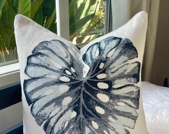 Philodendron Leaf Throw Pillow Cover: Denim Blue Tropical Accent