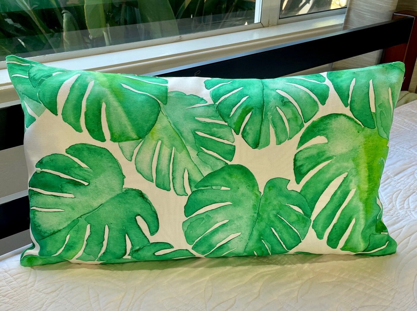 Beautiful Green Watercolor Monstera Tropical Leaf Print Lumbar Pillow