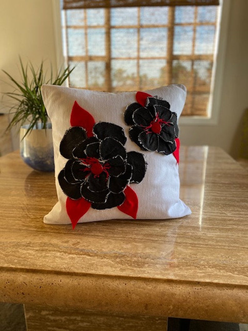 One of a Kind White Denim Pillow Cover  with Appliqued Black Denim FlowerRed TrimHome Decor