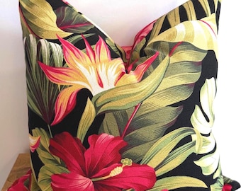 Tropical Print Accent Pillow in Beautiful Shades of Fuschia and Green/ 20" x 20"/Accent Pillow