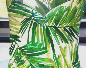 Accent Pillow in Beautiful Palm Print in Shades of Green on White Background/20" x 20"