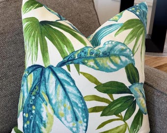 Tropical Print Accent Pillow Cover in Shades of Blue and Green on Off White Background/20" x 20" Indoor/Outdoor