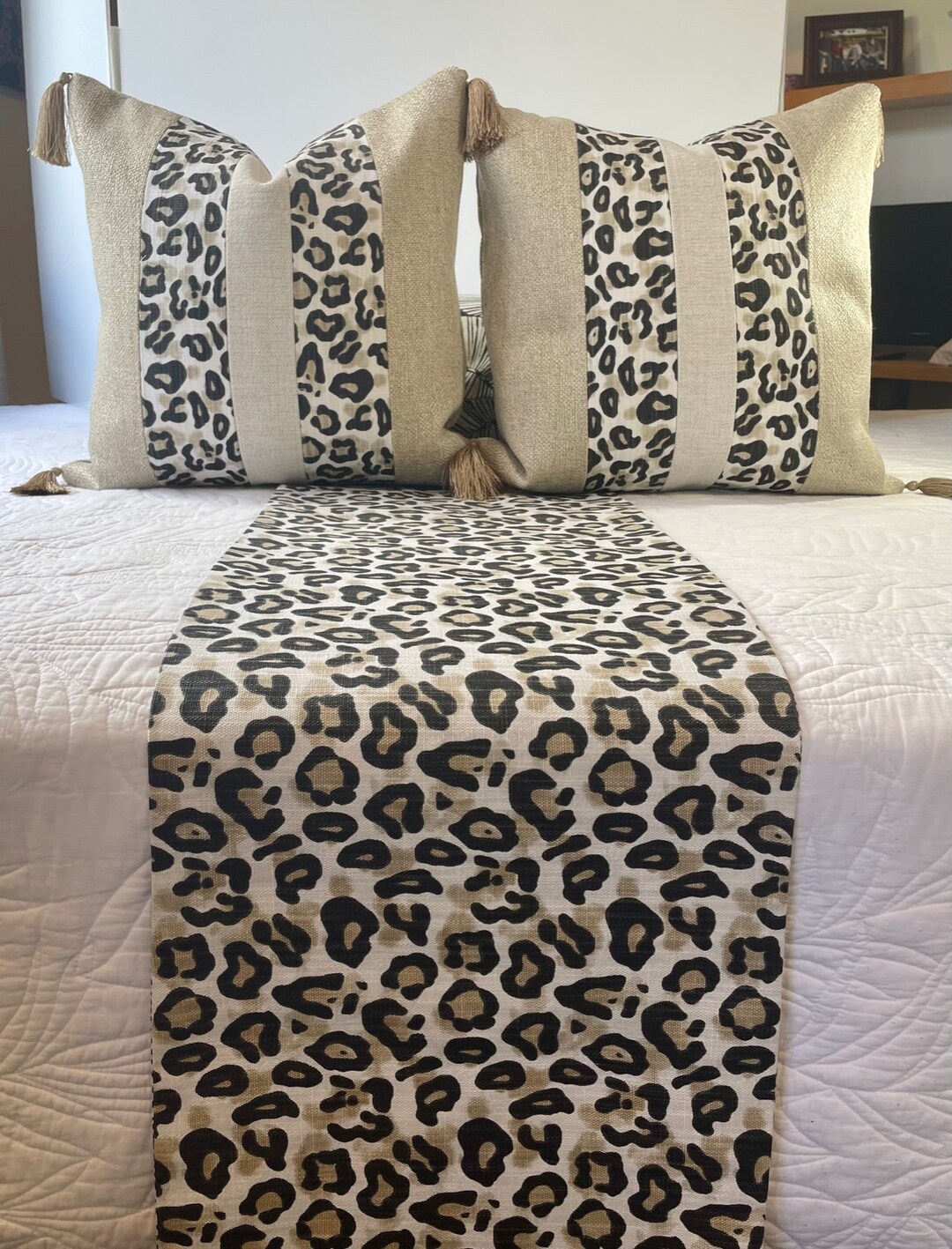 Reversible Runner in Leopard Print and Tropical Leaf Print/bed Runner or Table Runner/ 13.5 X 88