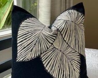 Tropical Leaves Appliqued Pillow Cover: Black Woven Fabric, Handmade 20" x 20"