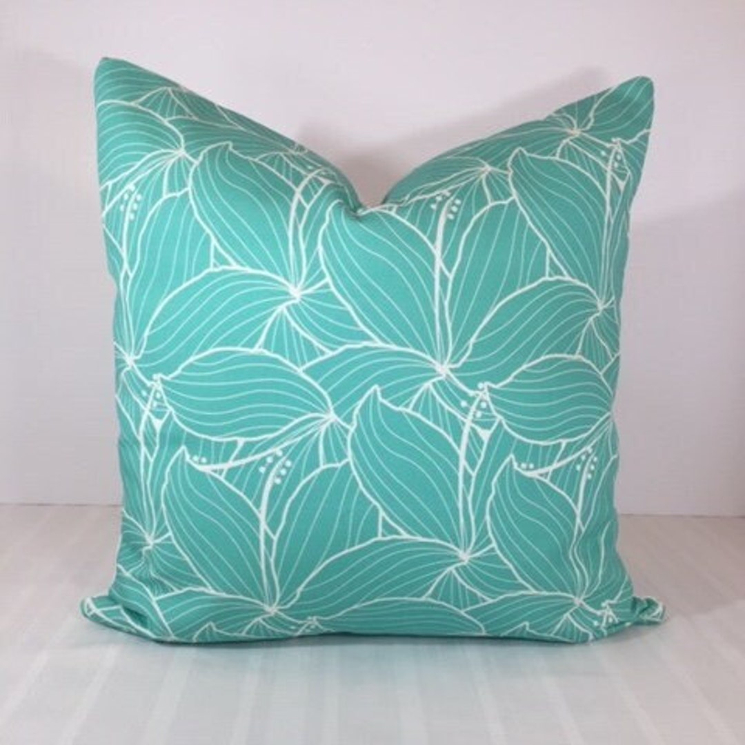 Hibiscus Cotton Canvas Pillow Cover in This Beautiful Aqua and White