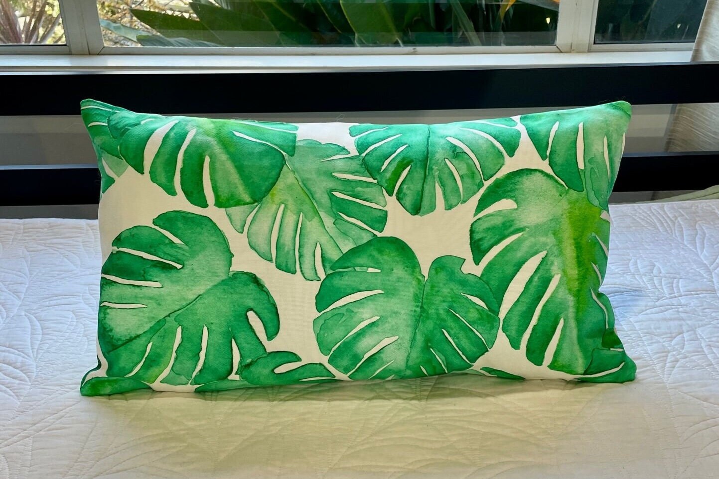 Beautiful Green Watercolor Monstera Tropical Leaf Print Lumbar Pillow