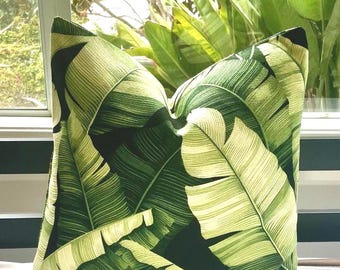 Tropical Palm Pillow Cover: Green Hawaiian Bark Cloth Accent Pillow