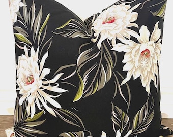 Black and White Hawaiian Floral Accent Pillow/20" x 20" Hawaiian Barkcloth