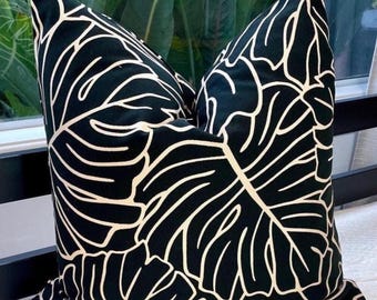 Monstera Leaf Pillow Cover: Black and Off White Cotton Barkcloth (20" x 20")