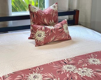 Pink Floral Bed Runner/Hawaiian Cotton Bark Cloth/Tropical Bedding, Queen/Double 17" x 76"