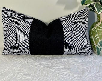 Black and White Geometric Print Lumbar Pillow Cover/12" x 20"/Handmade Accent Pillow