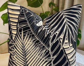 Tropical Black and Cream Palm Leaf Accent Pillow Covers/20" x 20" Hawaiian Barkcloth