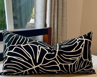 Black and Natural Monstera Leaf Print Lumbar Pillow Cover/12" x 24"/Cotton Barkcloth